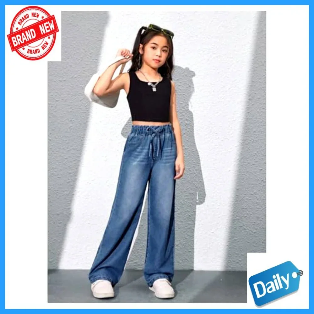 Girls Baggy Wide Leg Jeans High Elastic Waist Straight Leg Denim Pants